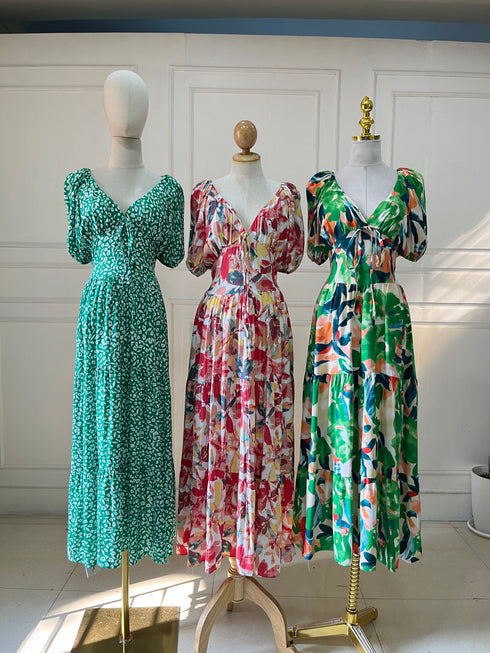 Summer V-Neck Puff Sleeves Back Tie Maxi Dress